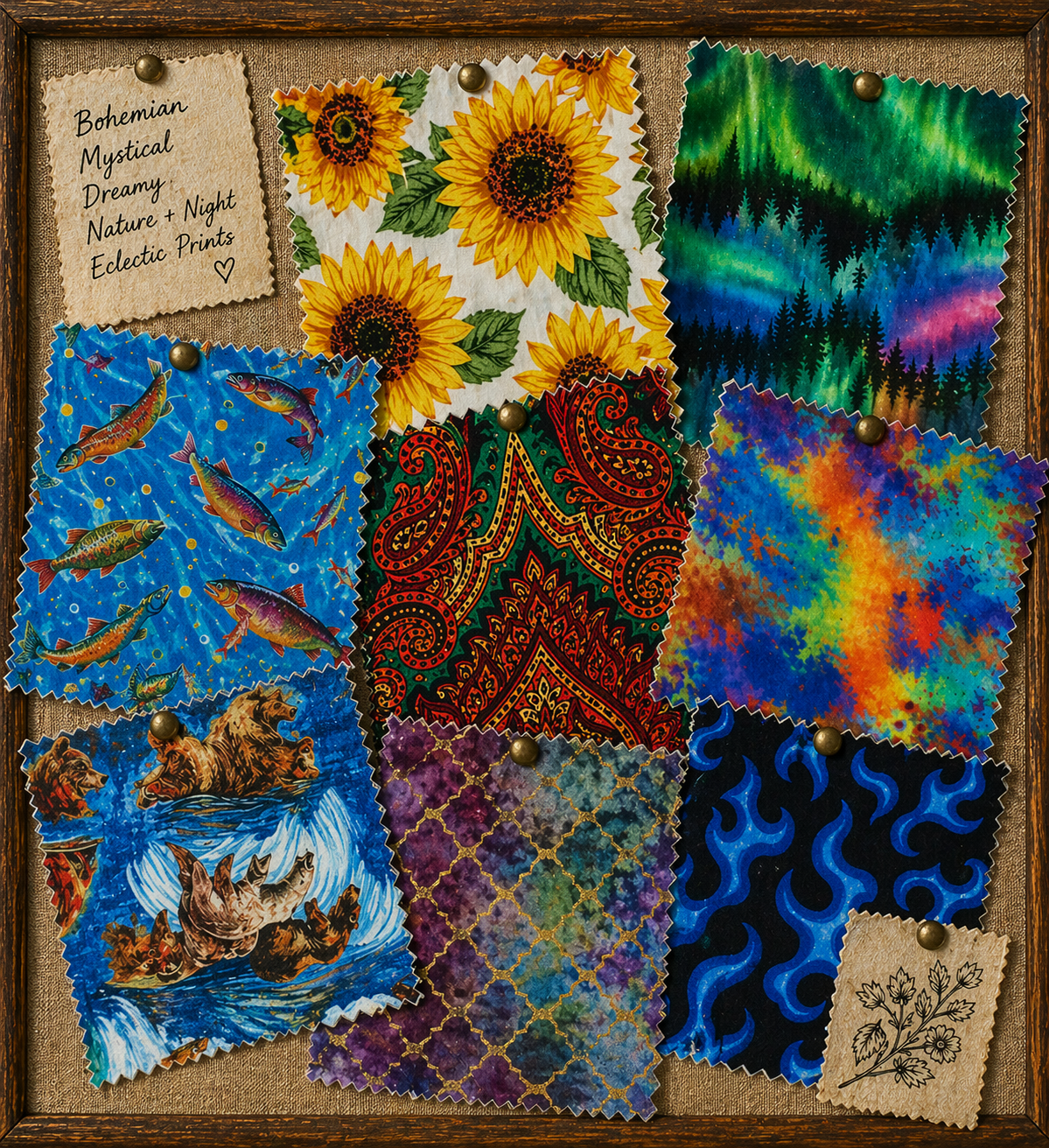 Collection of fabric swatches with various patterns and colors displayed on a wooden board.